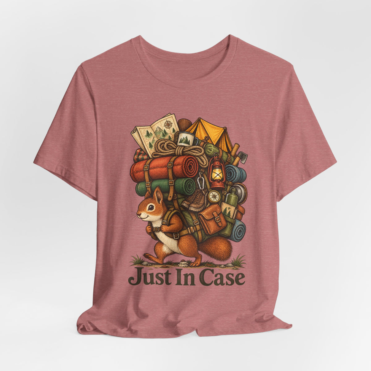 Just In Case Overpacked Squirrel Tee flat lay Heather Tan - unisex crew neck squirrel hiking graphic tee, Barely Outdoorsy