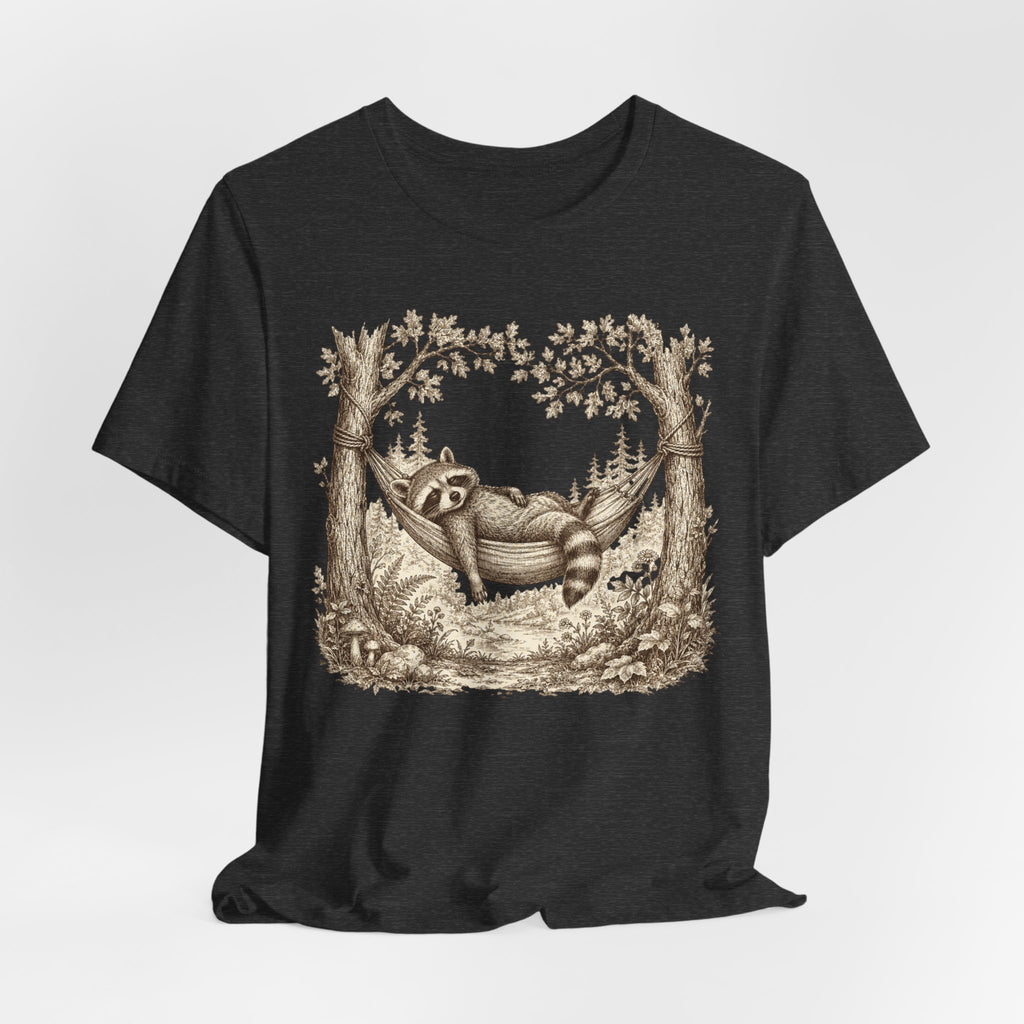 Raccoon Hammock T-Shirt in Brown - vintage naturalist print raccoon resting graphic tee, Barely Outdoorsy Bella Canvas 3001