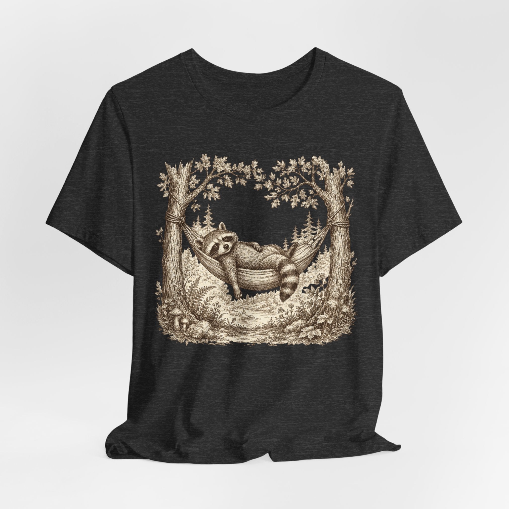 Raccoon Hammock T-Shirt in Brown - vintage naturalist print raccoon resting graphic tee, Barely Outdoorsy Bella Canvas 3001