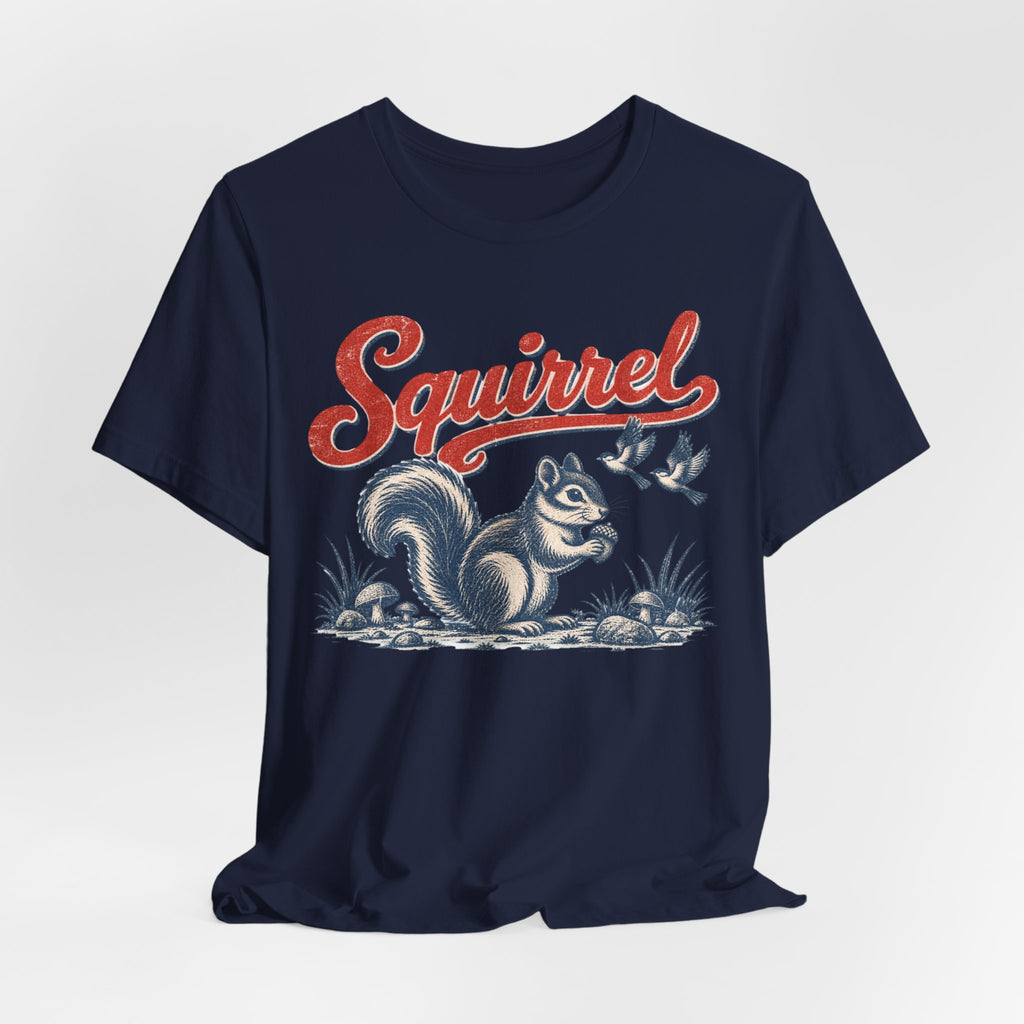Vintage Squirrel Woodland Tee flat lay Athletic Heather - unisex crew neck vintage squirrel graphic tee, Barely Outdoorsy