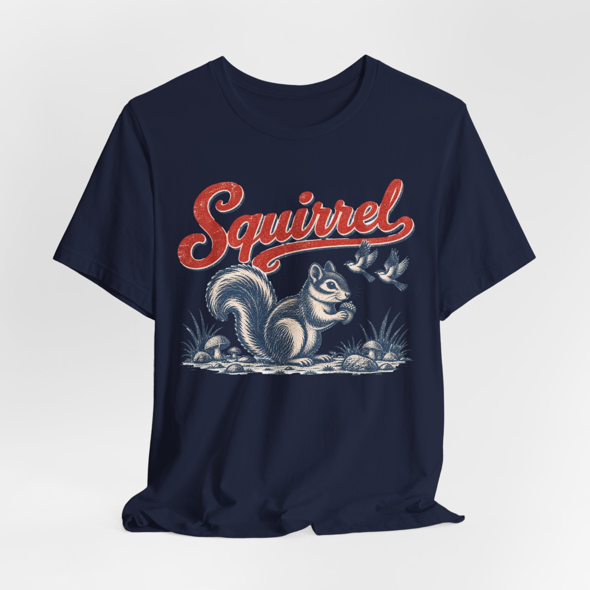 Vintage Squirrel Woodland Tee flat lay Athletic Heather - unisex crew neck vintage squirrel graphic tee, Barely Outdoorsy