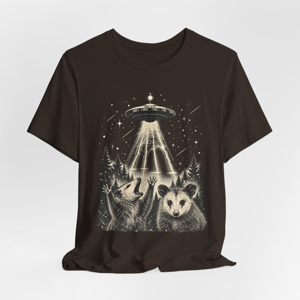 UFO Opossum Abduction T-Shirt in Mauve - funny alien UFO opossum graphic tee, Barely Outdoorsy
