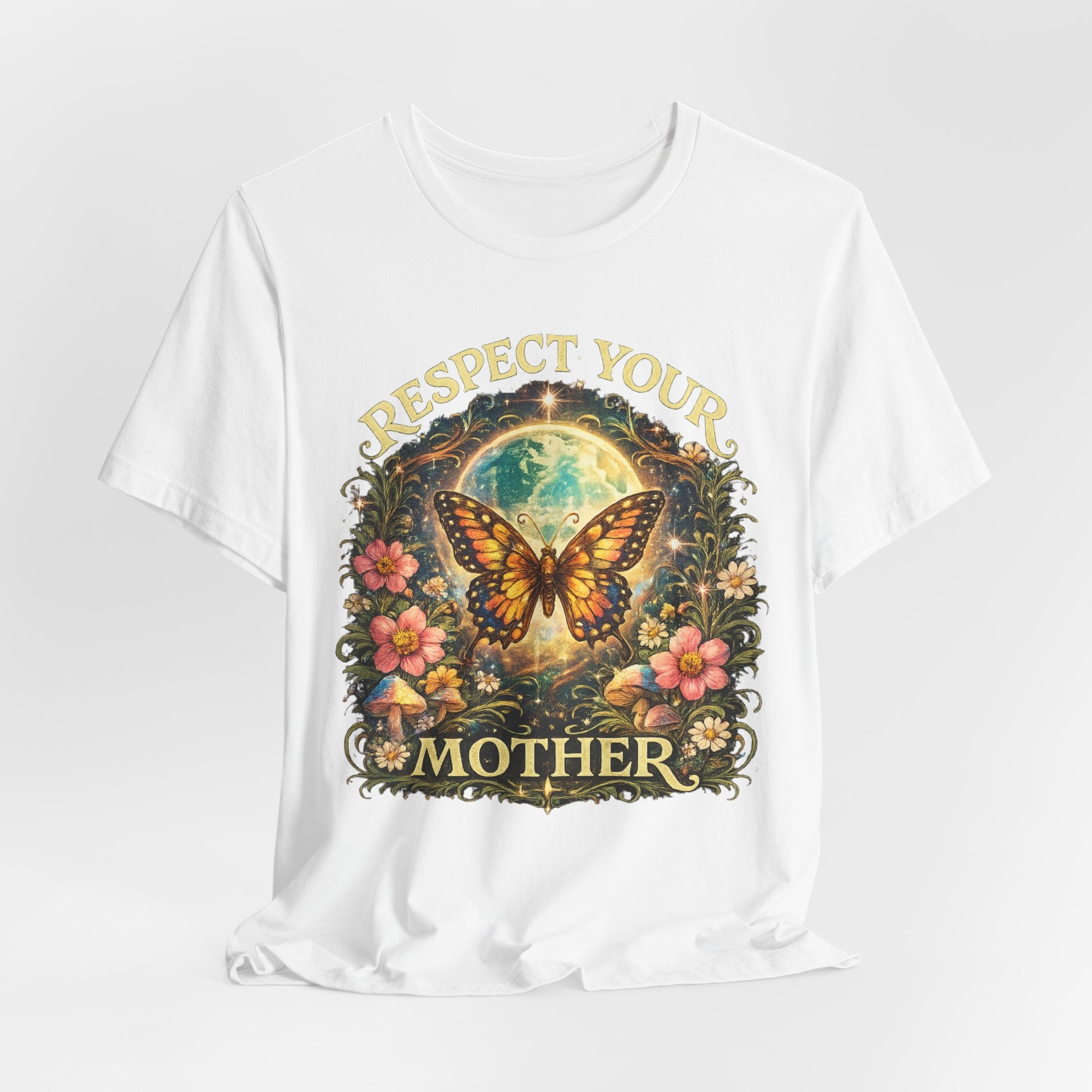 Respect Your Mother Butterfly Tee in Heather Peach - art nouveau butterfly Mother Earth floral shirt, Barely Outdoorsy