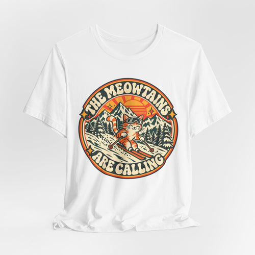 The Meowtains Are Calling Ski Cat T-Shirt in Forest - funny ski cat meowtains pun graphic tee, Barely Outdoorsy Bella Canvas 3001