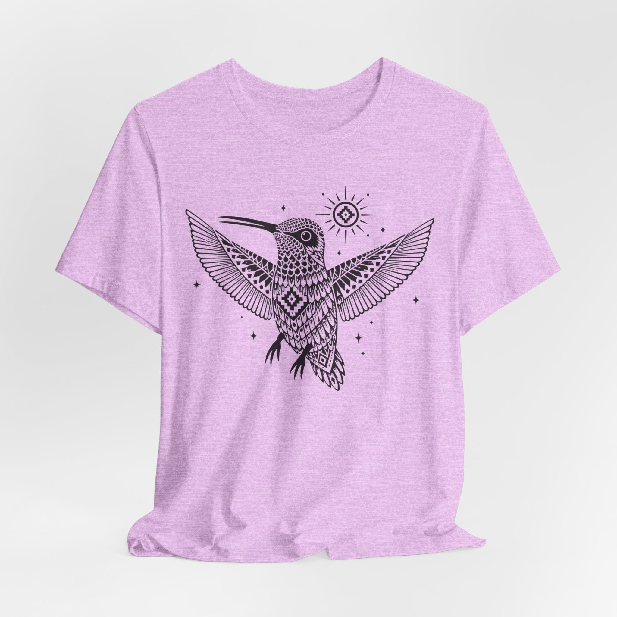 Southwest Geometric Hummingbird Mandala Tee in Heather Prism Lilac - boho hummingbird Southwest shirt, Barely Outdoorsy Bella Canvas