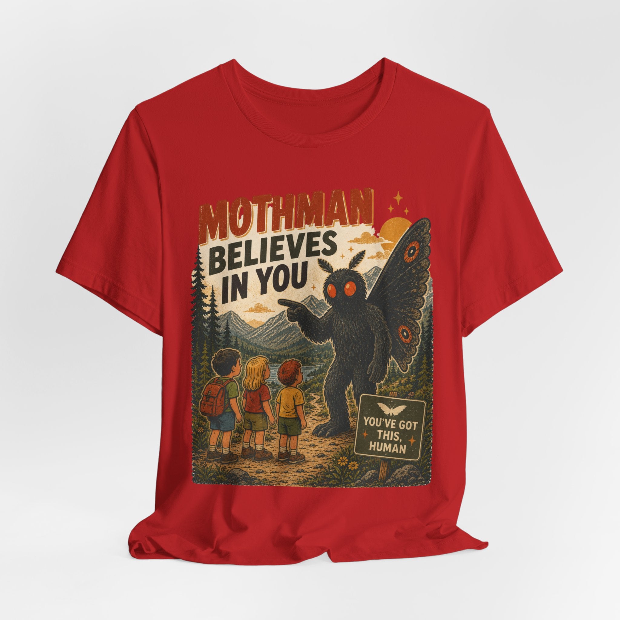 Mothman Believes In You Tee flat lay Athletic Heather - unisex crew neck Mothman graphic tee, Barely Outdoorsy