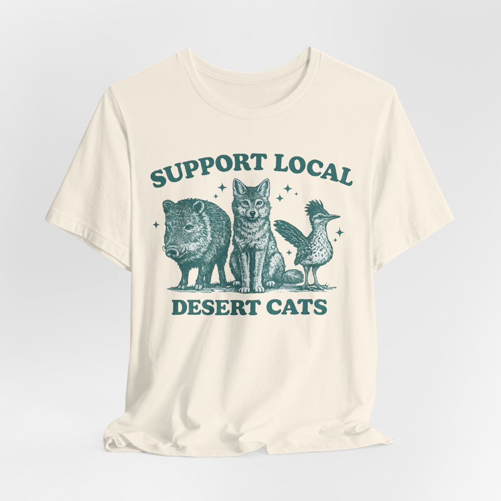 Support Local Desert Cats T-Shirt in Athletic Heather - vintage etching javelina coyote roadrunner graphic tee, Barely Outdoorsy Bella Canvas 3001