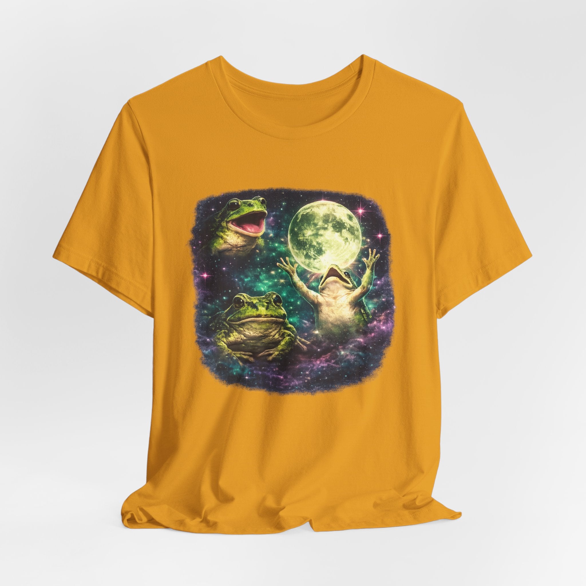 Three Frog Moon T-Shirt flat lay Athletic Heather - unisex crew neck frog moon parody graphic tee, Barely Outdoorsy