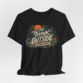 Think Outside No Box Required T-Shirt flat lay Athletic Heather - unisex crew neck nature humor graphic tee, Barely Outdoorsy