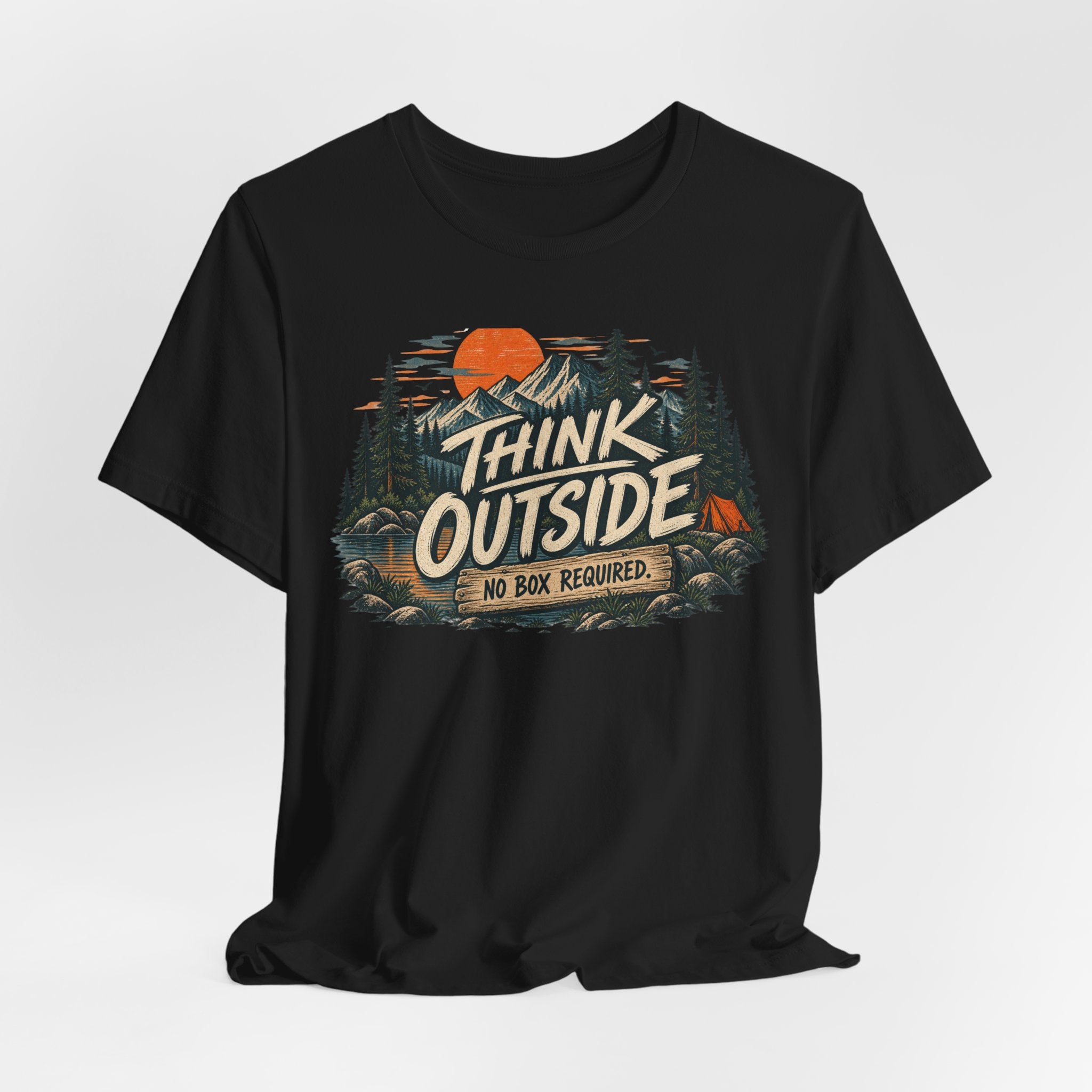 Think Outside No Box Required T-Shirt flat lay Athletic Heather - unisex crew neck nature humor graphic tee, Barely Outdoorsy