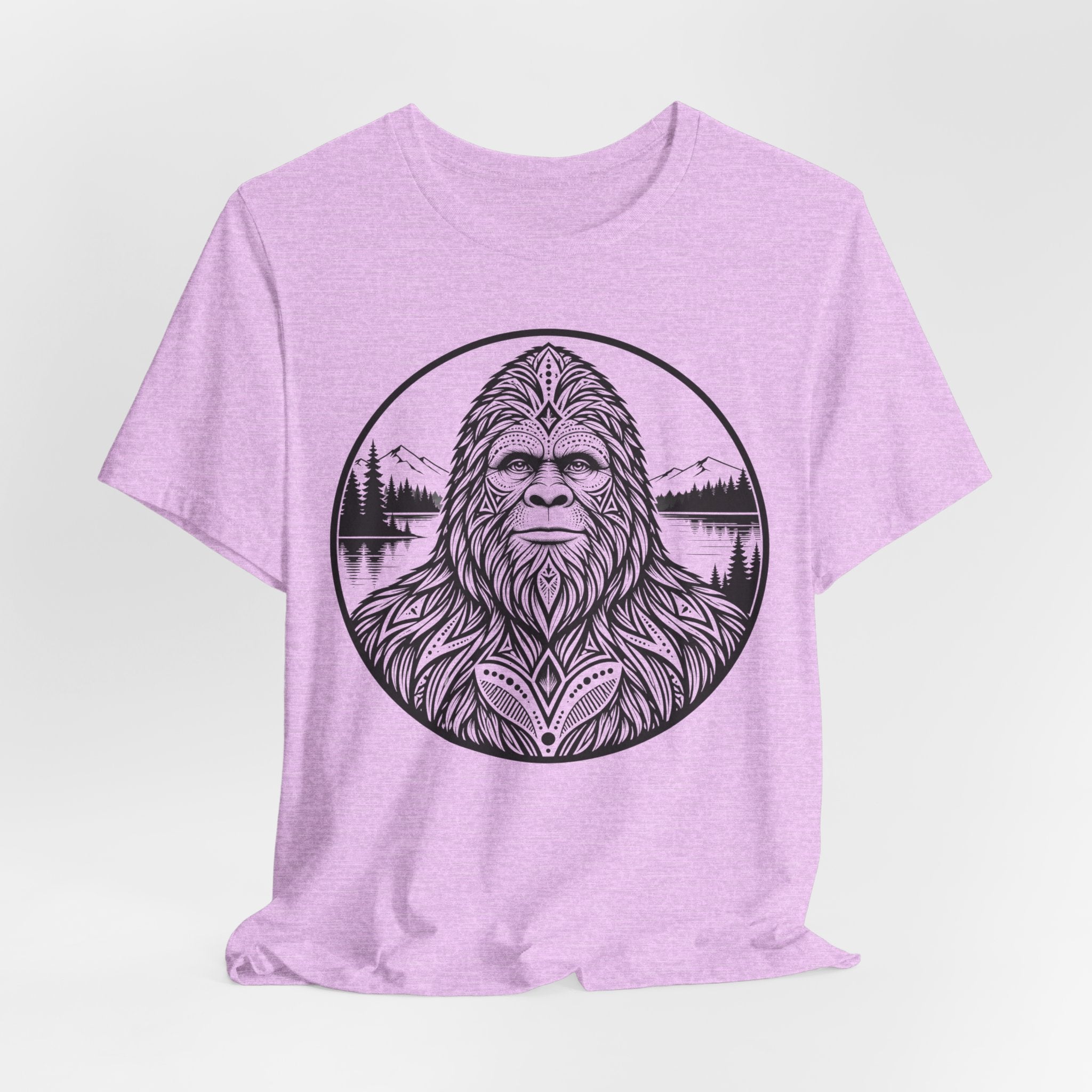 Bigfoot Sacred Geometry Portrait T-Shirt in Pink detail - boho Sasquatch geometric portrait close-up graphic
