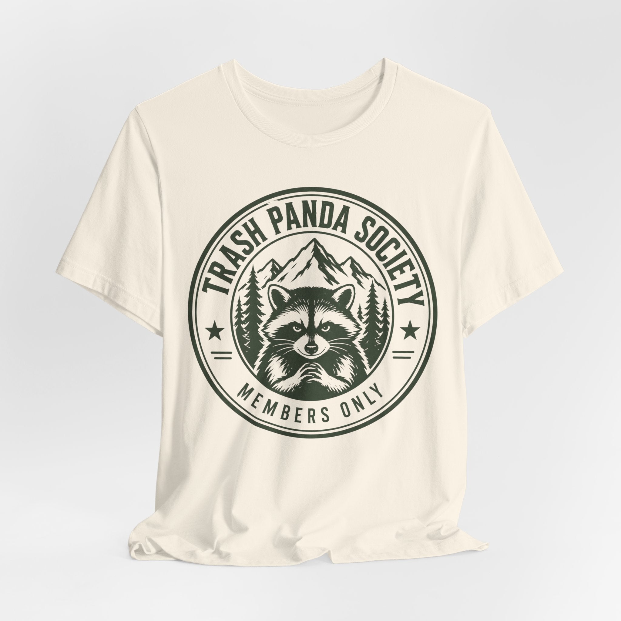 Trash Panda Society Tee in Athletic Heather - funny raccoon members badge graphic tee, Barely Outdoorsy Bella Canvas 3001