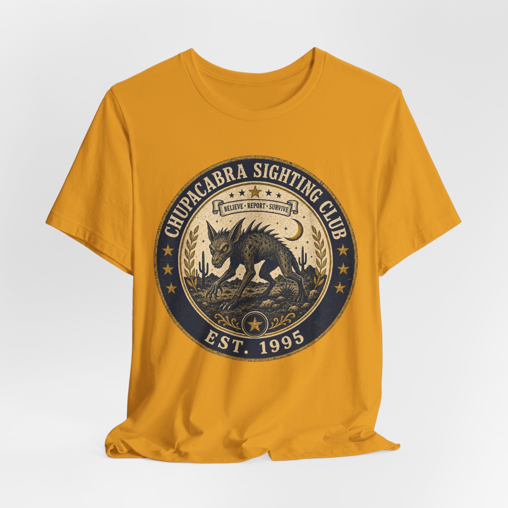 Chupacabra Sighting Club T-Shirt in Red - Est 1995 vintage badge design, funny cryptid graphic tee by Barely Outdoorsy