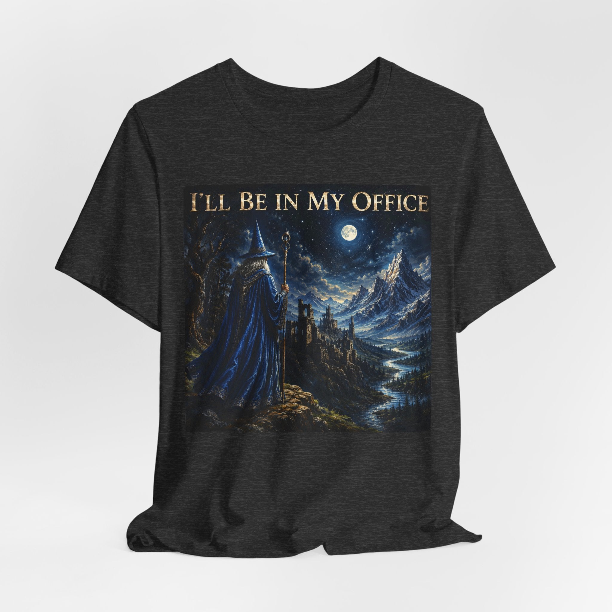 I'll Be In My Office Wizard T-Shirt in Black Heather - painterly wizard moonlit cliff fantasy graphic tee, Barely Outdoorsy