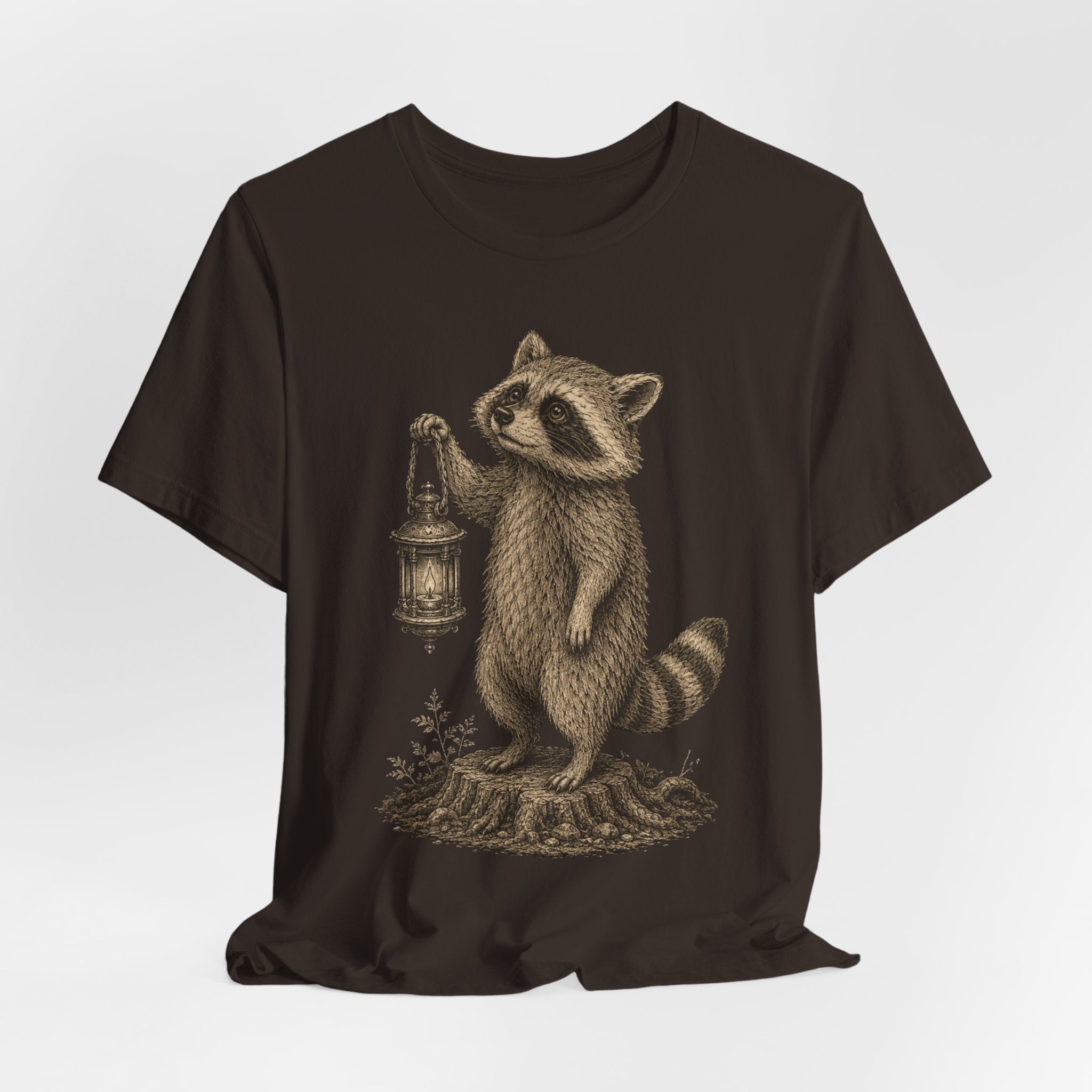 Raccoon Lantern T-Shirt in Dark Grey Heather - vintage goblincore raccoon lantern moonlit graphic tee, Barely Outdoorsy Bella Canvas 3001