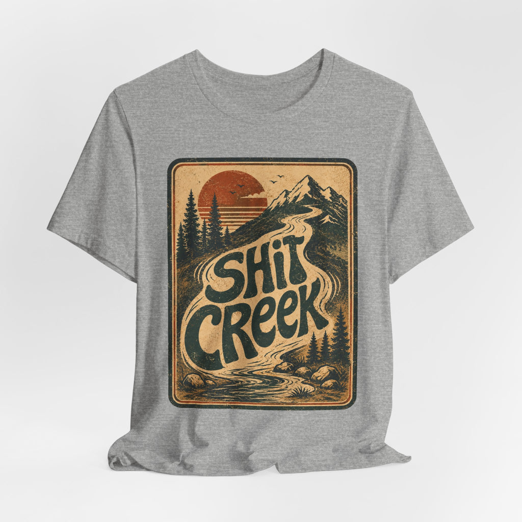 Shit Creek Retro Mountain T-Shirt in Black worn shot - funny retro mountain tee, Barely Outdoorsy Bella Canvas