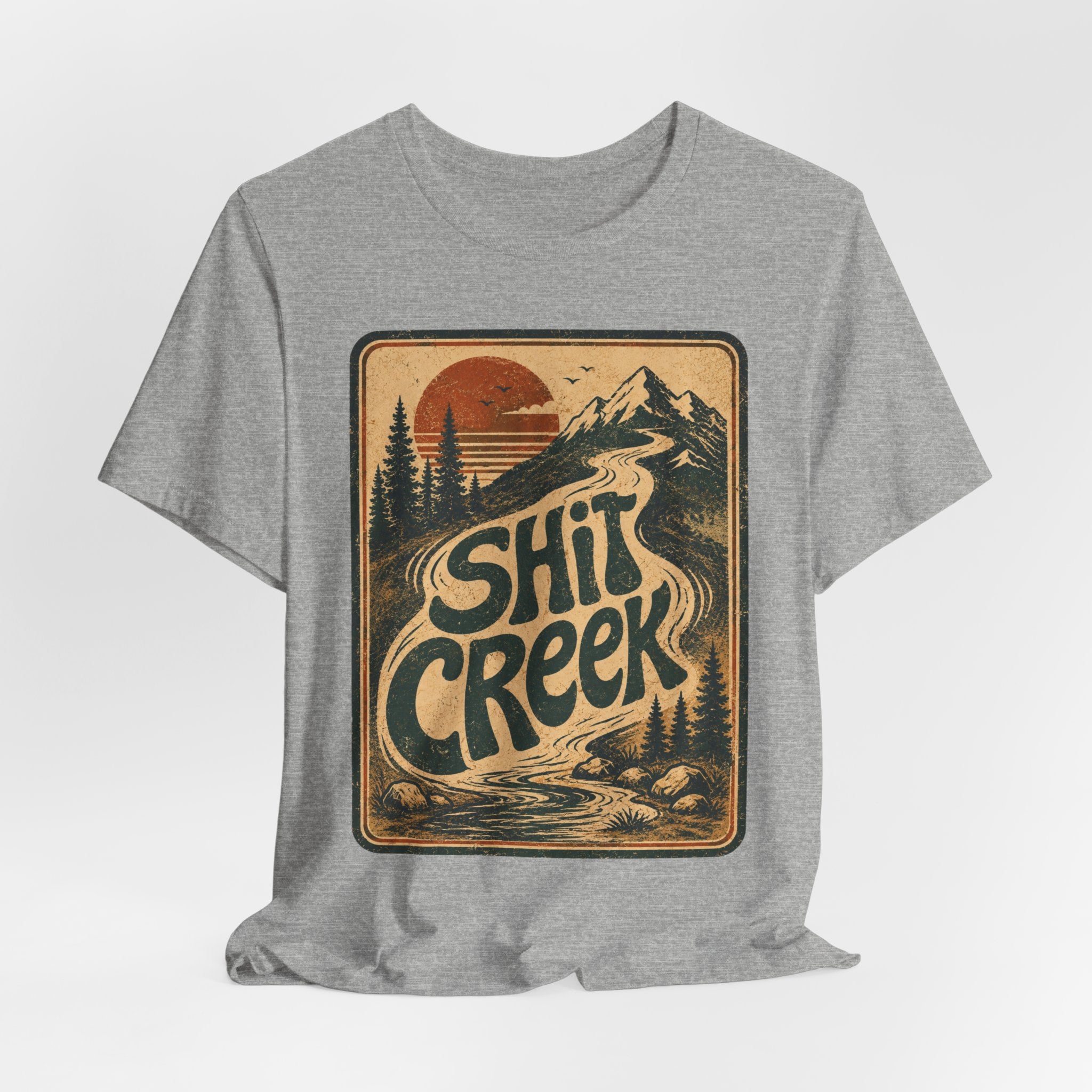 Shit Creek Retro Mountain T-Shirt in Black worn shot - funny retro mountain tee, Barely Outdoorsy Bella Canvas
