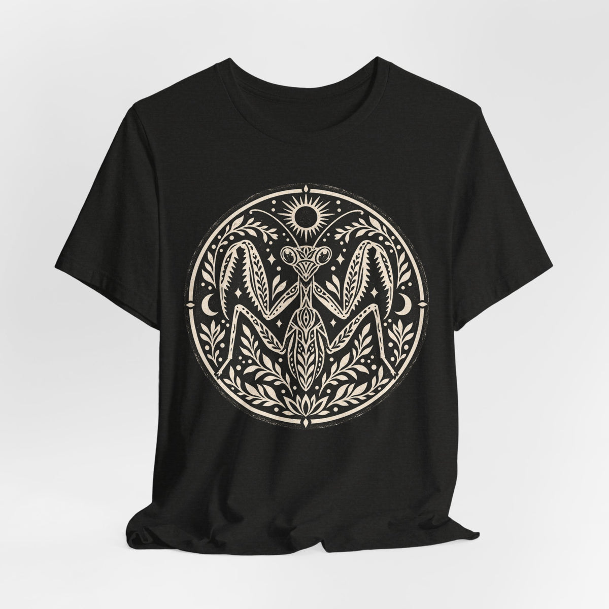 Celestial Praying Mantis T-Shirt in Heather Team Purple - witchy celestial moon praying mantis bug graphic tee, Barely Outdoorsy