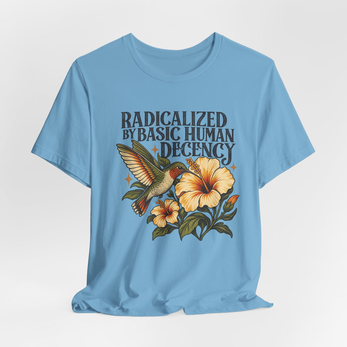 Radicalized by Basic Human Decency T-Shirt in Heather Columbia Blue - funny political humor radicalized basic human decency graphic tee, Barely Outdoorsy