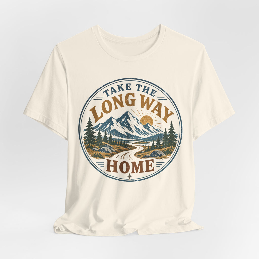 Take The Long Way Home Mountain T-Shirt in White - retro mountain trail graphic tee, Barely Outdoorsy Bella Canvas