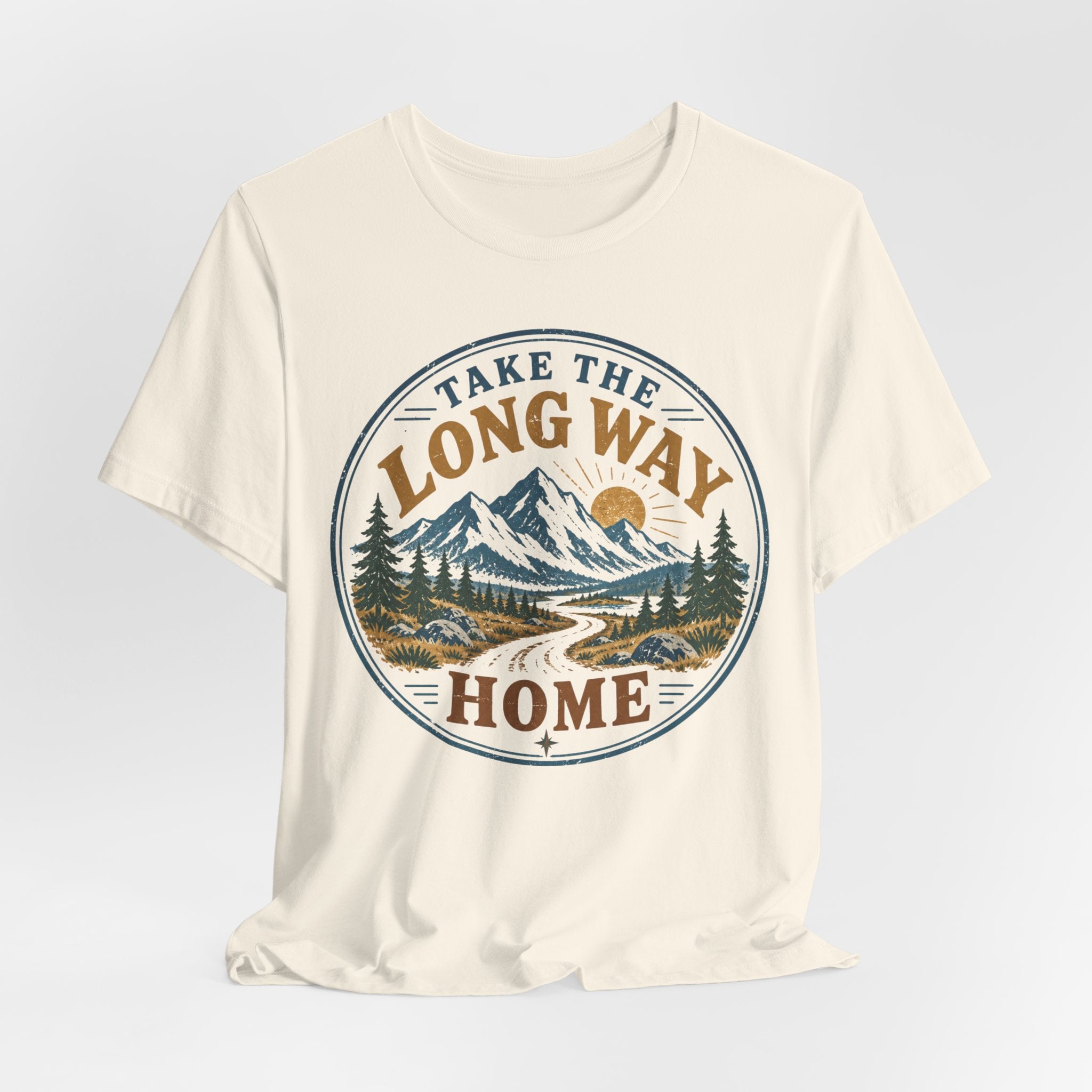 Take The Long Way Home Mountain T-Shirt in White - retro mountain trail graphic tee, Barely Outdoorsy Bella Canvas