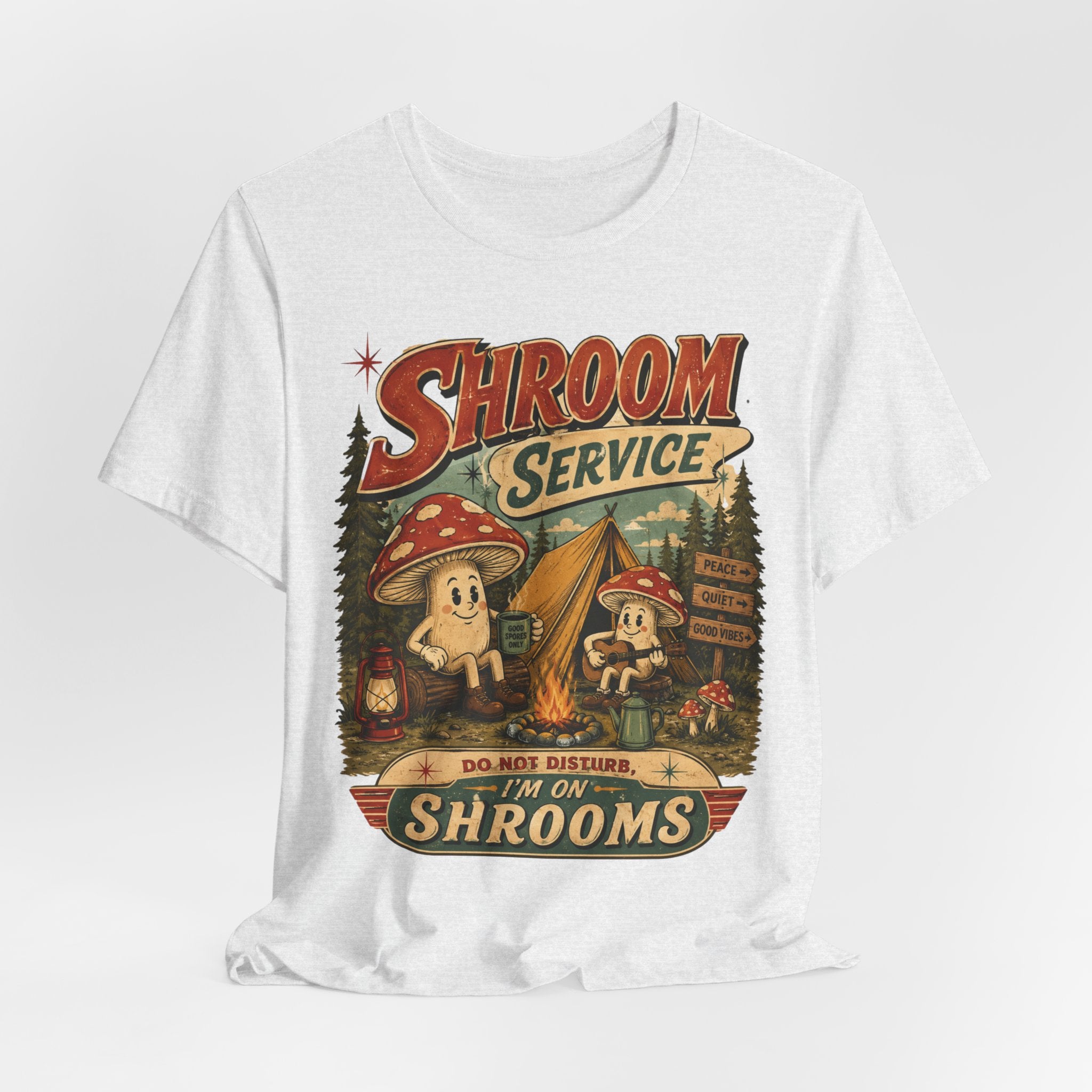 Shroom Service Tee in Heather Peach worn shot - funny mushroom camping humor shirt, Barely Outdoorsy Bella Canvas 3001