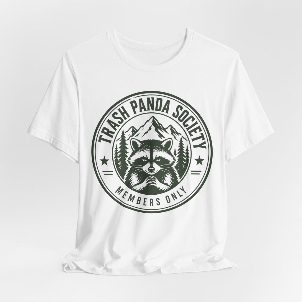 Trash Panda Society Tee in White - raccoon badge mountain pine humor shirt, Barely Outdoorsy