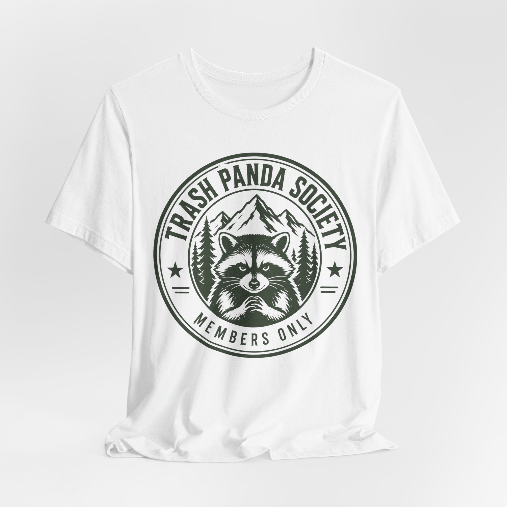 Trash Panda Society Tee in White - raccoon badge mountain pine humor shirt, Barely Outdoorsy