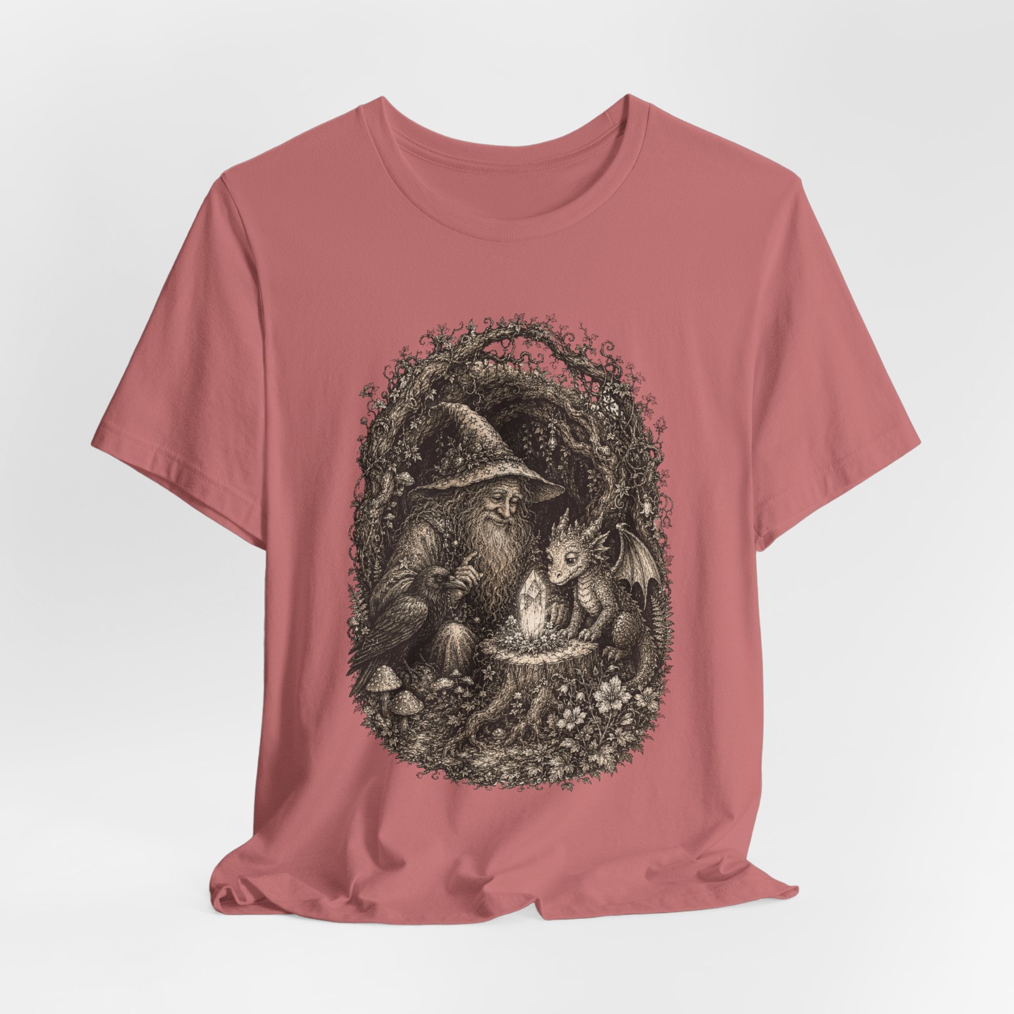 Wizard and Dragon T-Shirt in Athletic Heather - painterly fantasy wizard dragon raven graphic tee, Barely Outdoorsy Bella Canvas 3001
