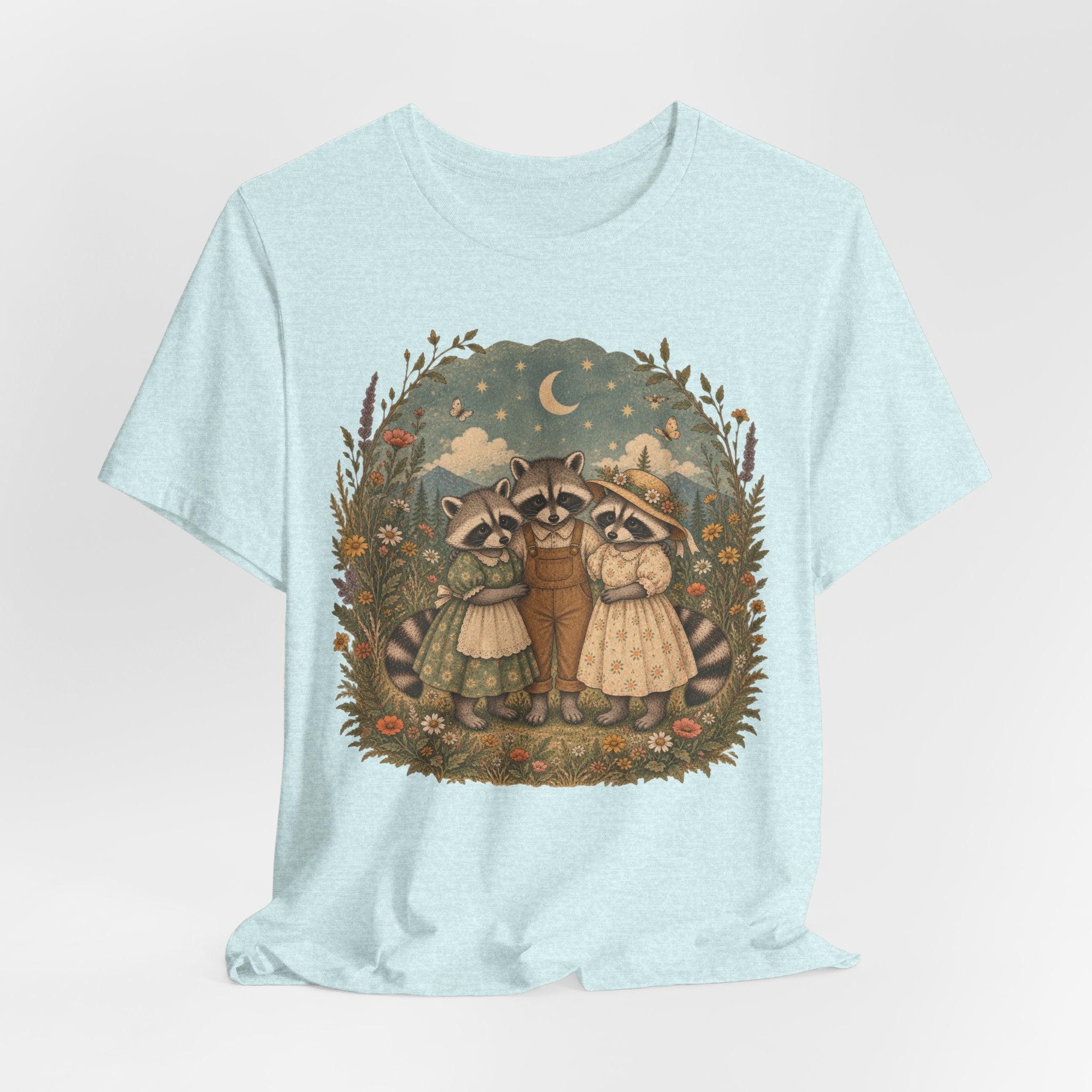 Cottagecore Raccoon Family Tee in Heather Peach - sweet raccoon family wildflower shirt, Barely Outdoorsy Bella Canvas 3001