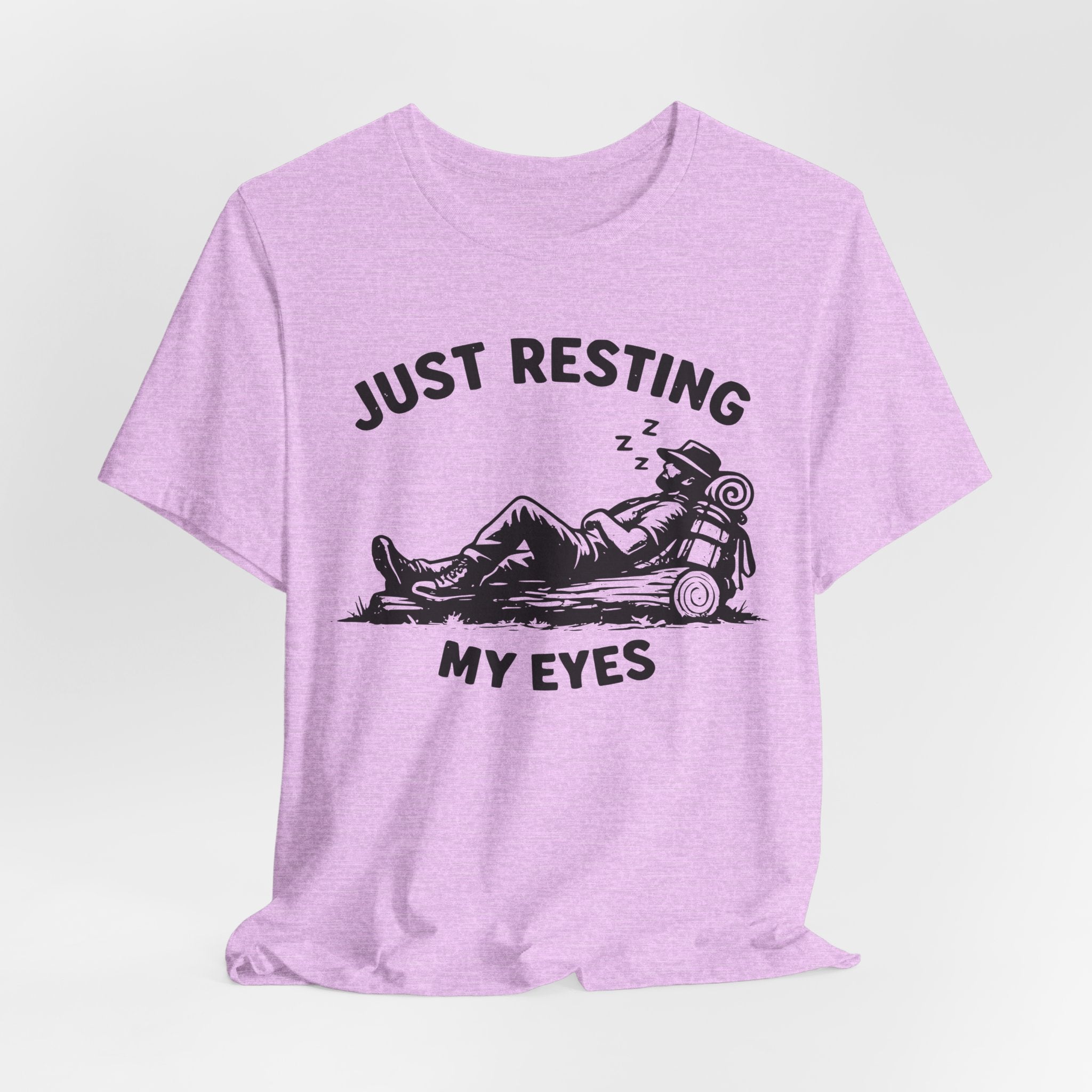 Just Resting My Eyes T-Shirt in White detail - funny hiking nap humor close-up graphic, Barely Outdoorsy