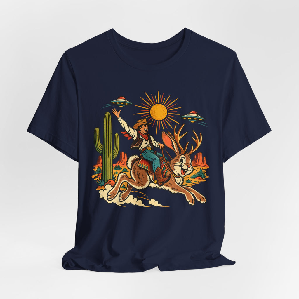 Jackalope Rodeo Rider T-Shirt in Navy detail - funny jackalope rodeo cowboy close-up graphic