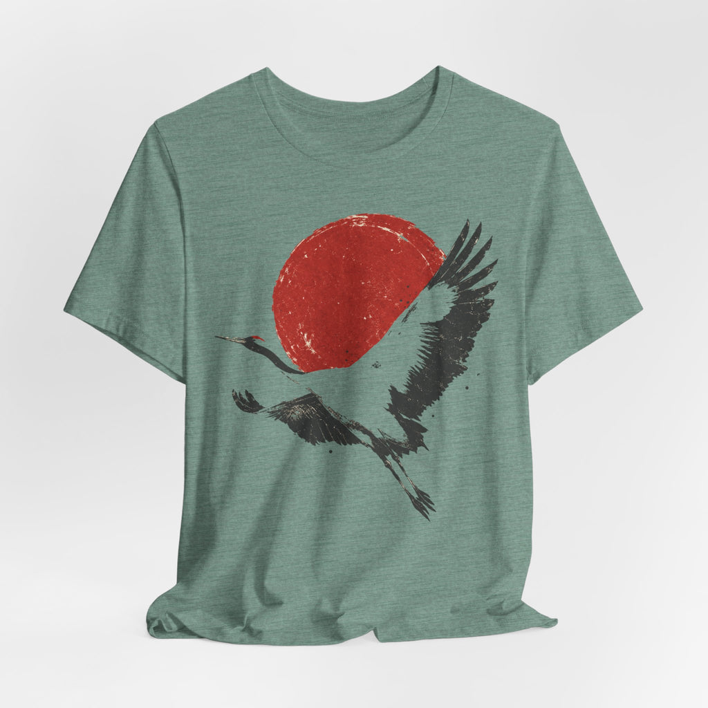 Red Crowned Crane Sumi-e T-Shirt in Light Blue - Japanese ink wash crane red sun graphic tee, Barely Outdoorsy Bella Canvas 3001