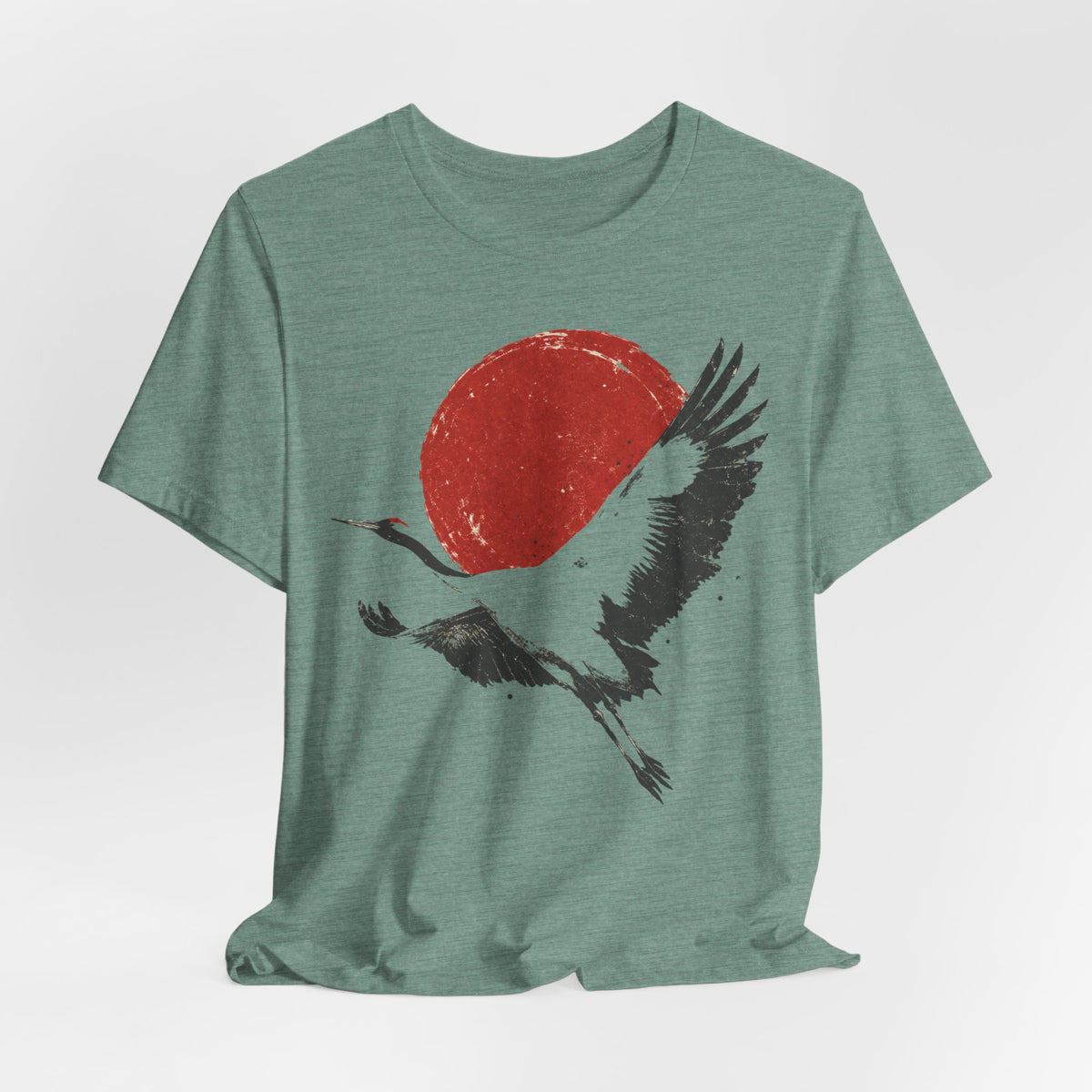 Red Crowned Crane Sumi-e T-Shirt in Light Blue - Japanese ink wash crane red sun graphic tee, Barely Outdoorsy Bella Canvas 3001