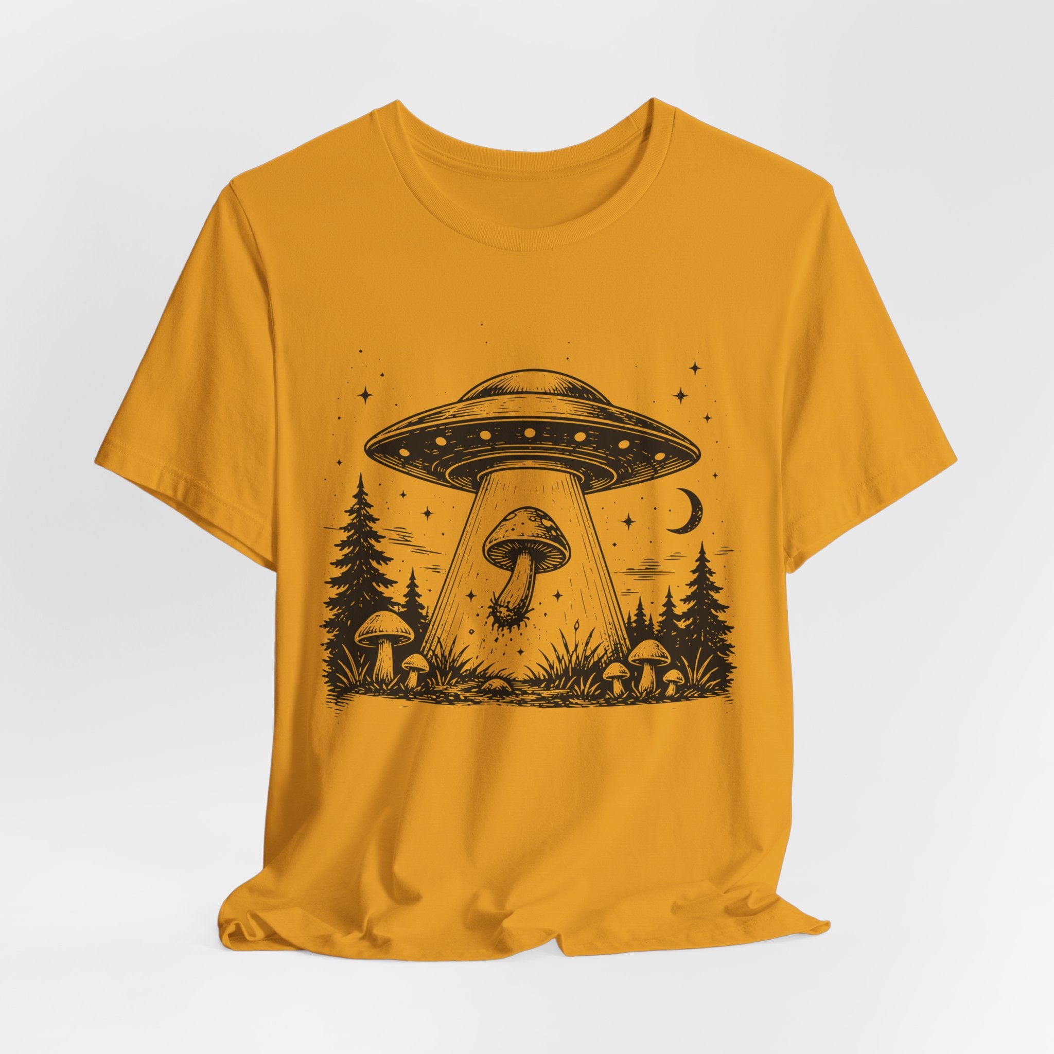 UFO Mushroom Abduction T-Shirt flat lay Athletic Heather - unisex crew neck alien mushroom graphic tee, Barely Outdoorsy