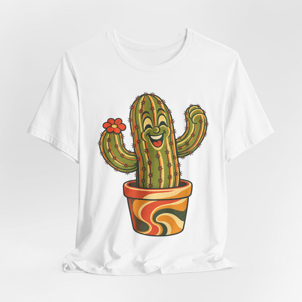 Happy Cactus Retro 70s T-Shirt in Heather Brown - retro 70s cartoon happy cactus plant graphic tee, Barely Outdoorsy