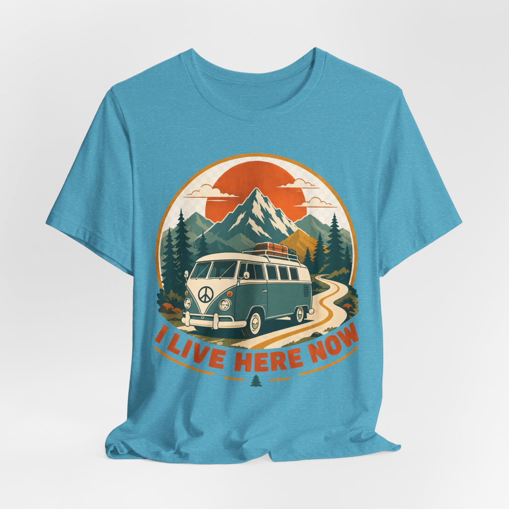 I Live Here Now T-Shirt in Athletic Heather - retro camper van mountain road graphic tee, Barely Outdoorsy Bella Canvas 3001