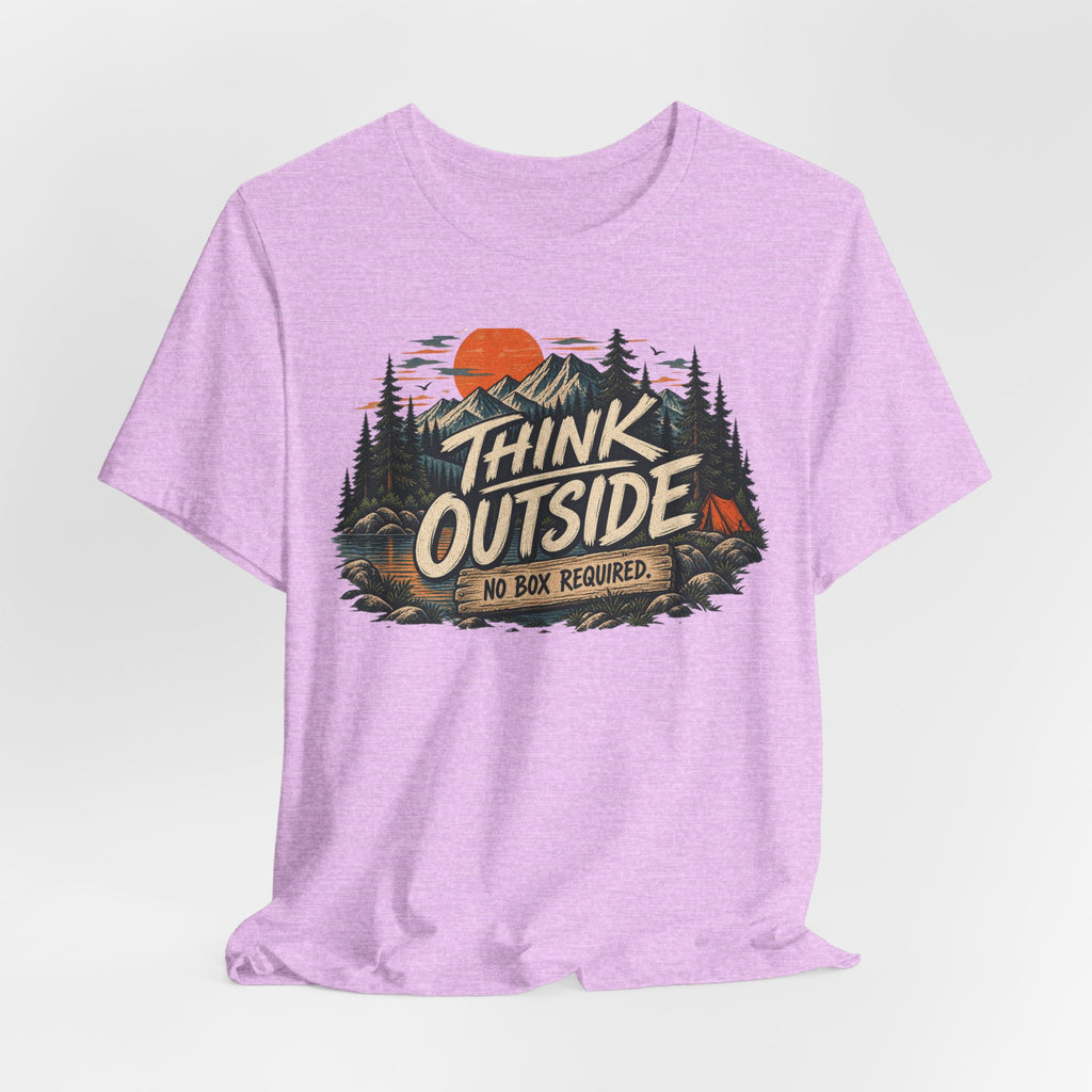 Think Outside No Box Required T-Shirt in Black - funny nature thinking hiking humor graphic tee, Barely Outdoorsy Bella Canvas 3001