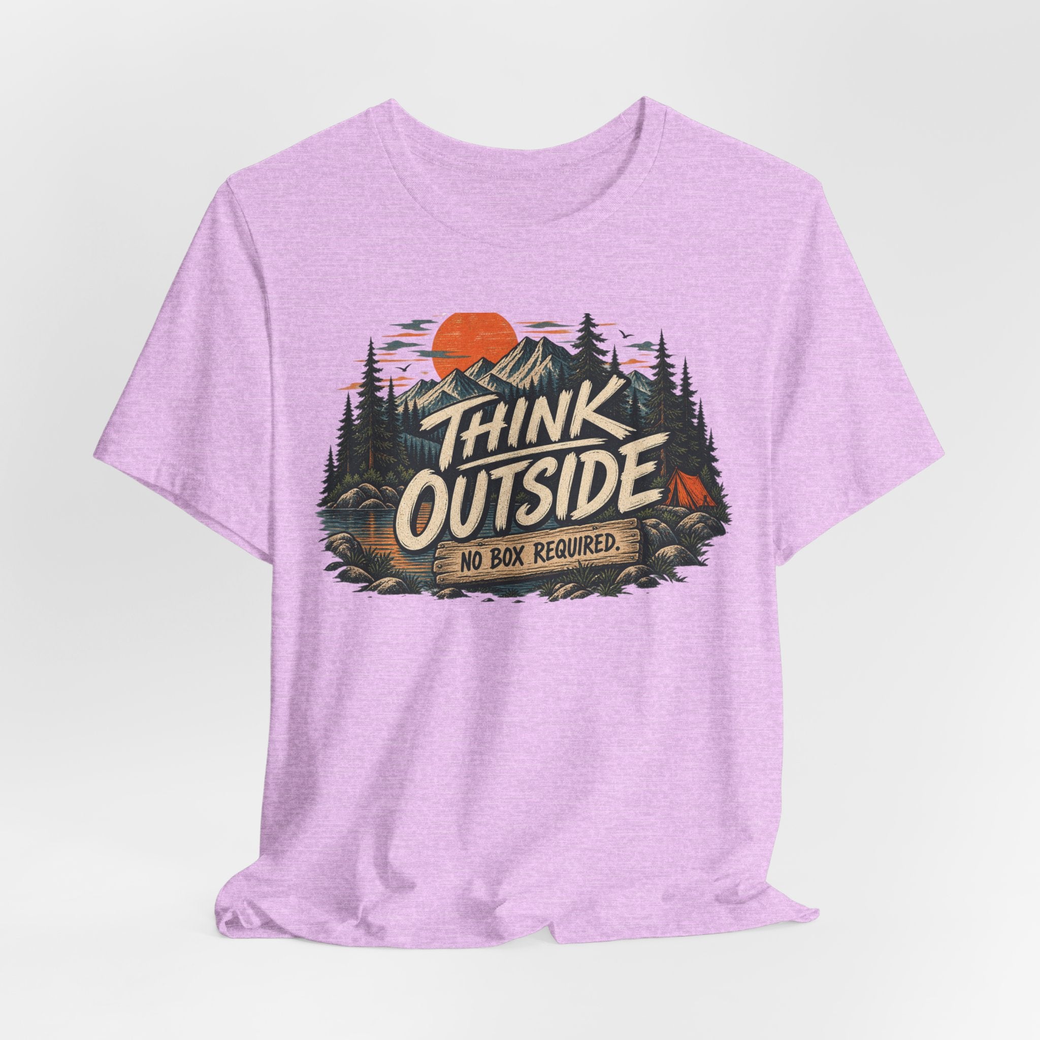Think Outside No Box Required T-Shirt in Black - funny nature thinking hiking humor graphic tee, Barely Outdoorsy Bella Canvas 3001