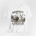 Respect The Locals Bison T-Shirt in White - vintage etching bison tossing tourist national park graphic tee, Barely Outdoorsy Bella Canvas 3001