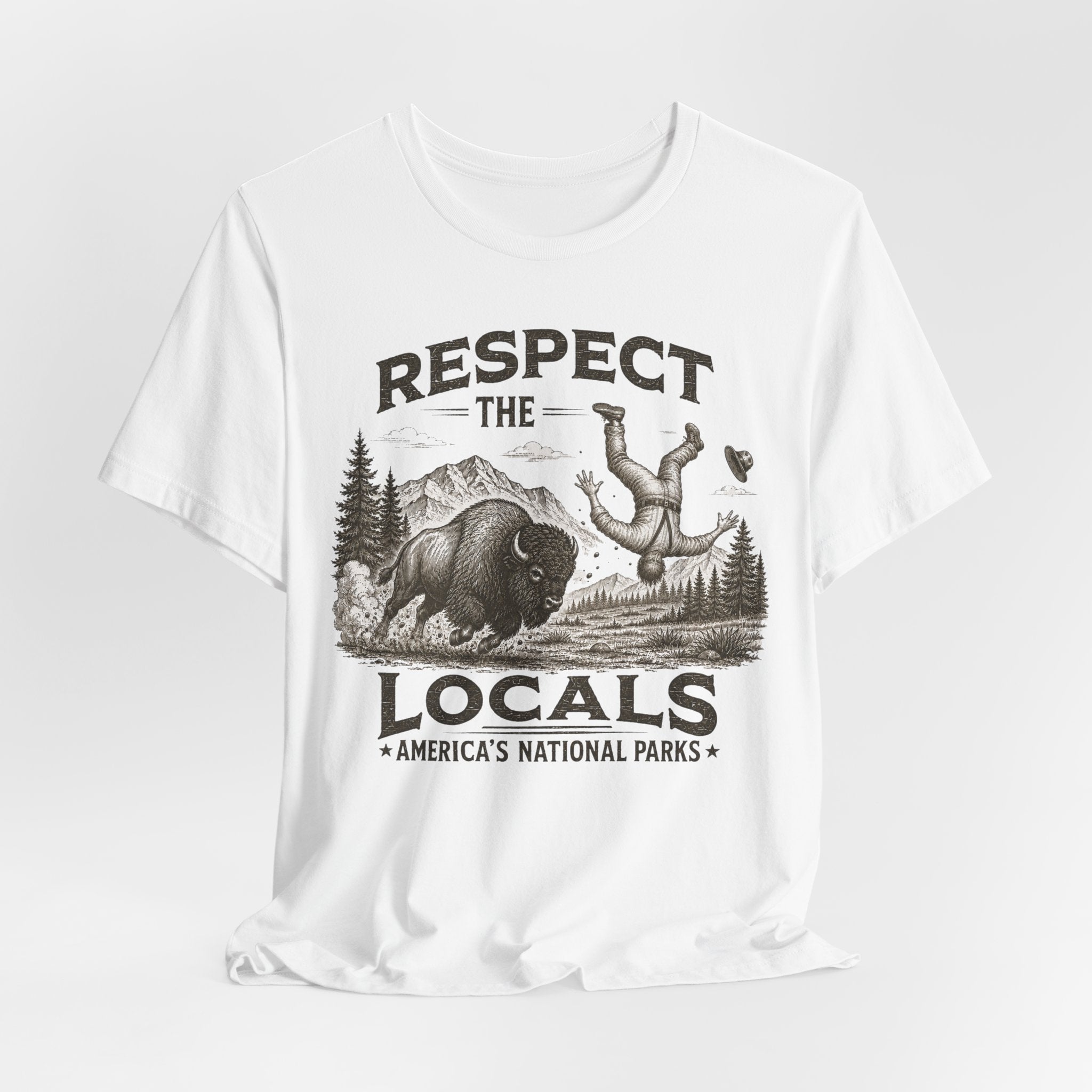 Respect The Locals Bison T-Shirt in White - vintage etching bison tossing tourist national park graphic tee, Barely Outdoorsy Bella Canvas 3001