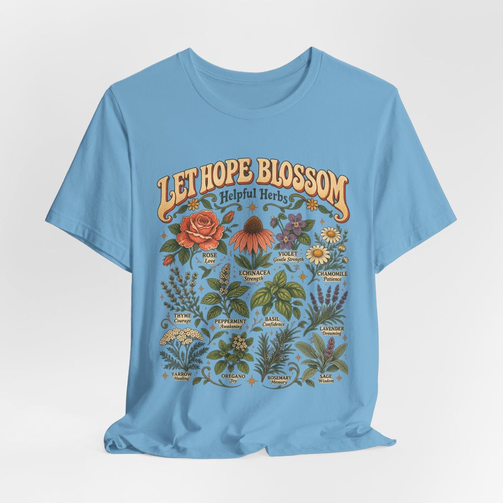 Let Hope Blossom Helpful Herbs T-Shirt in Ocean Blue - cottagecore botanical helpful herbs hope wildflower graphic tee, Barely Outdoorsy