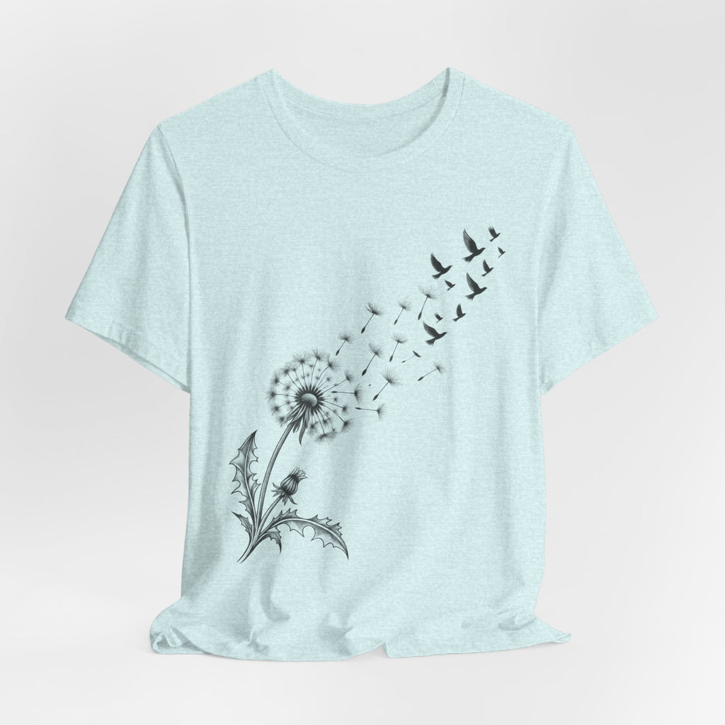 Dandelion Birds Wish T-Shirt in Heather Prism Ice Blue - botanical dandelion birds graphic tee, Barely Outdoorsy