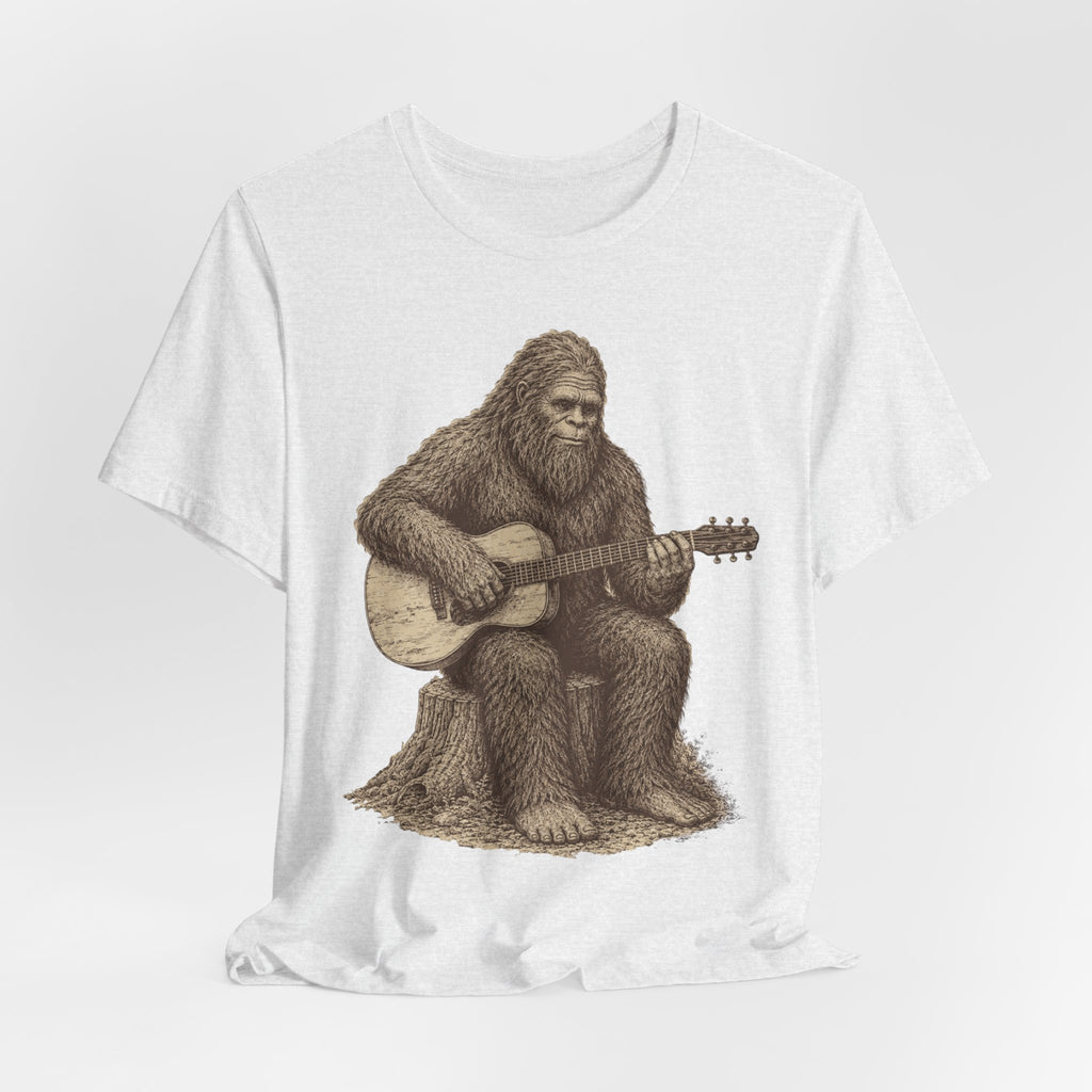 Bigfoot Guitar Tee in Brown - retro Bigfoot guitar woods engraving humor shirt, Barely Outdoorsy Bella Canvas