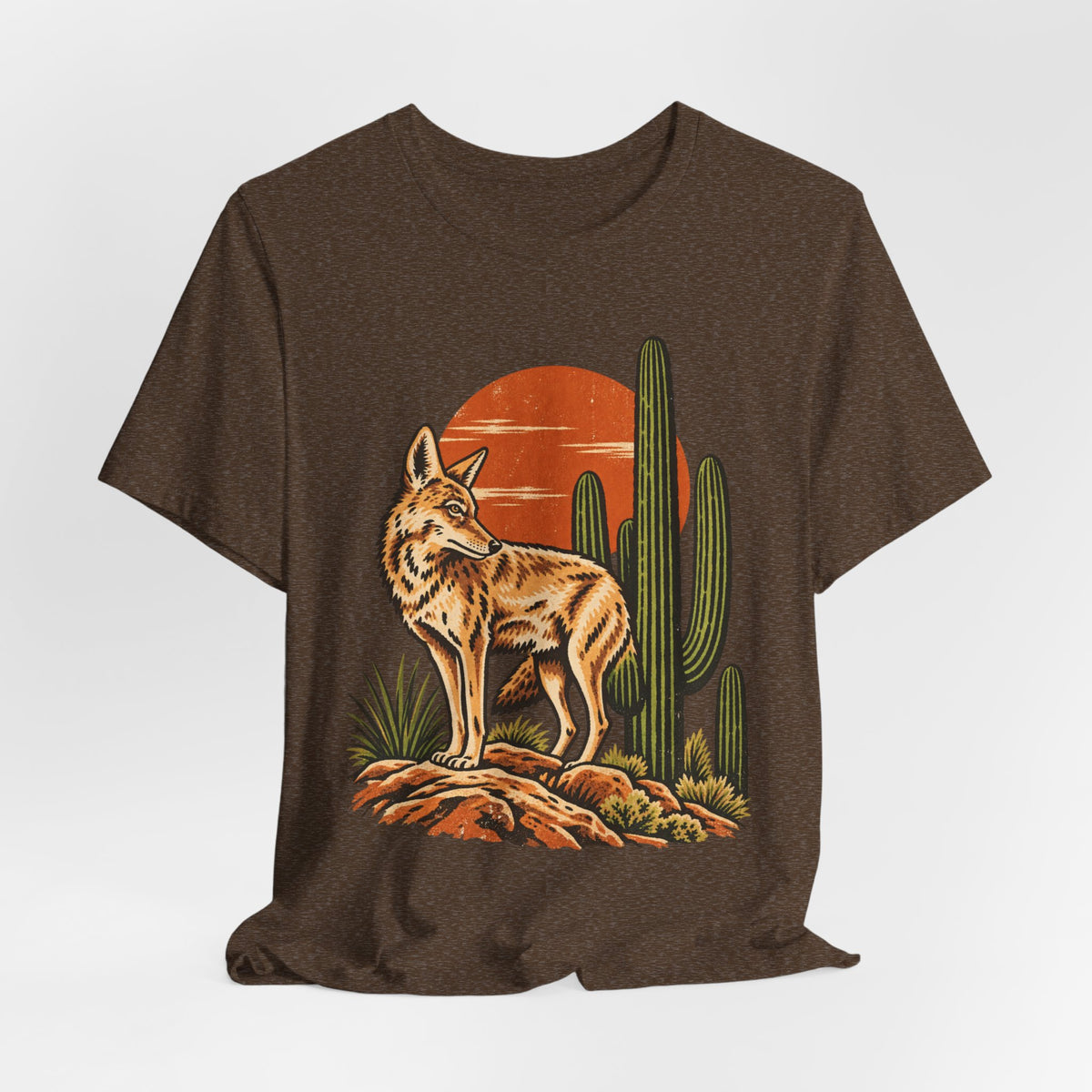 Arizona Coyote Saguaro T-Shirt in Dark Grey Heather - Arizona desert coyote saguaro Southwest graphic tee, Barely Outdoorsy Bella Canvas 3001
