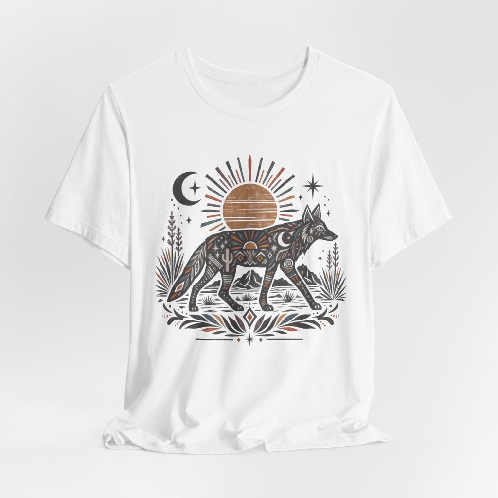 Boho Desert Sun Coyote T-Shirt in Heather Brown - boho Southwest desert sun coyote mandala graphic tee, Barely Outdoorsy