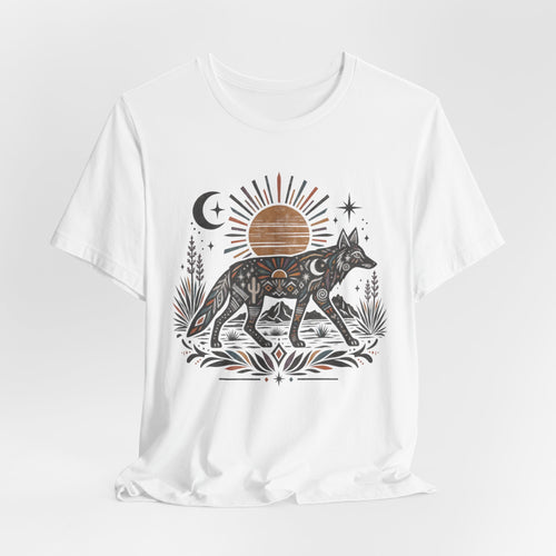 Boho Desert Sun Coyote T-Shirt in Heather Brown - boho Southwest desert sun coyote mandala graphic tee, Barely Outdoorsy