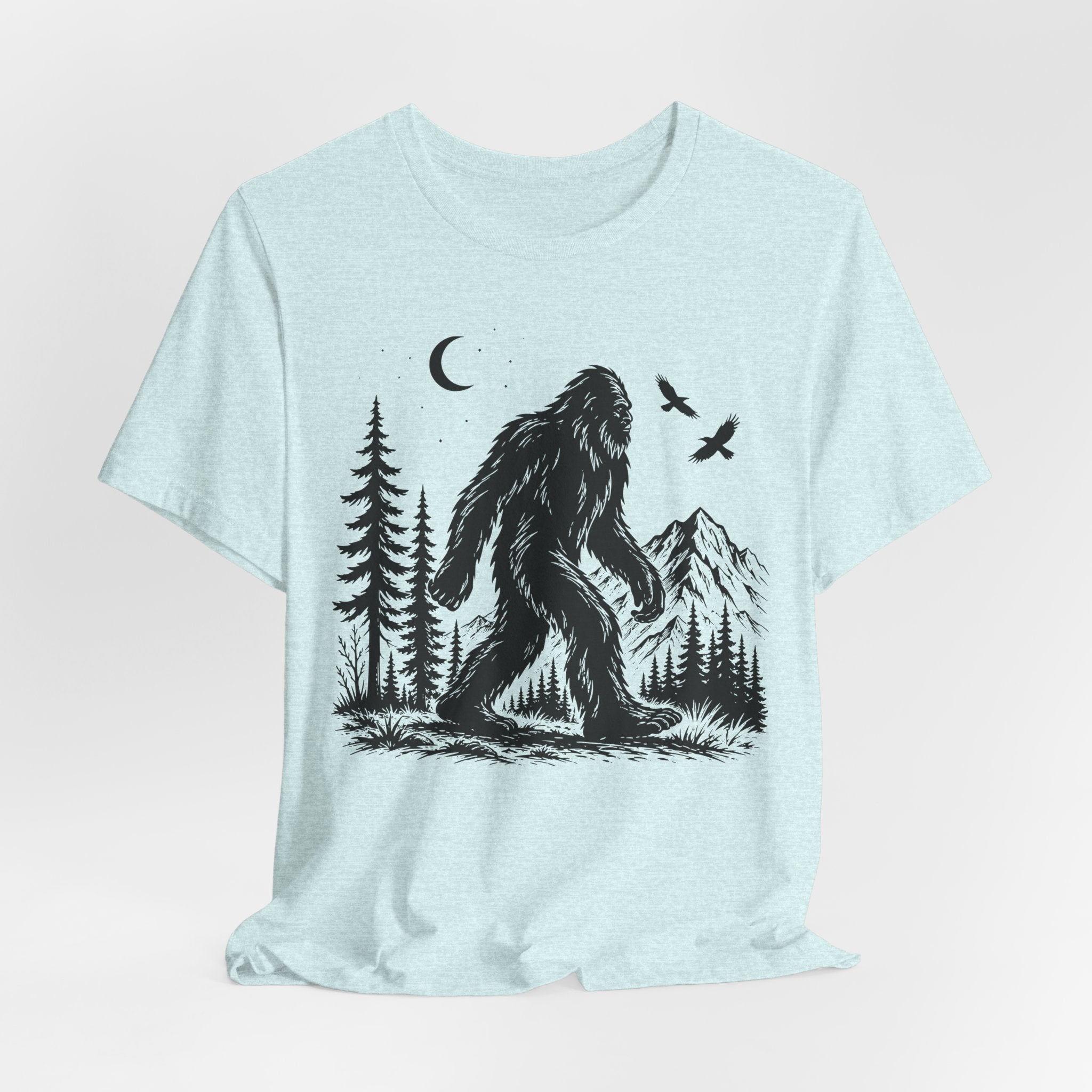 Bigfoot Night Forest Mountain Tee in Heather Prism Lilac - painterly Bigfoot night forest shirt, Barely Outdoorsy Bella Canvas