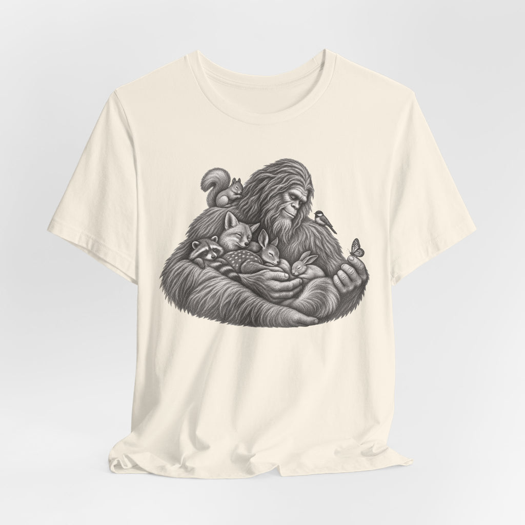 Guardian of the Forest Bigfoot Tee flat lay Pink - unisex crew neck Bigfoot guardian graphic tee, Barely Outdoorsy