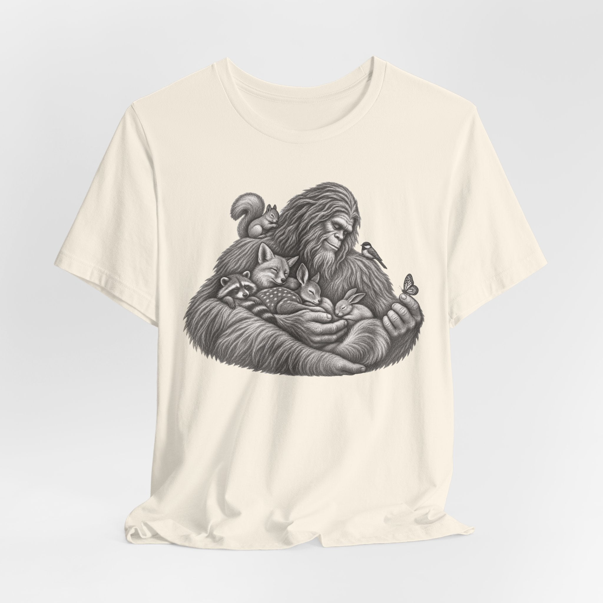 Guardian of the Forest Bigfoot Tee flat lay Pink - unisex crew neck Bigfoot guardian graphic tee, Barely Outdoorsy